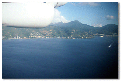 Trois Pitons looms in the distance